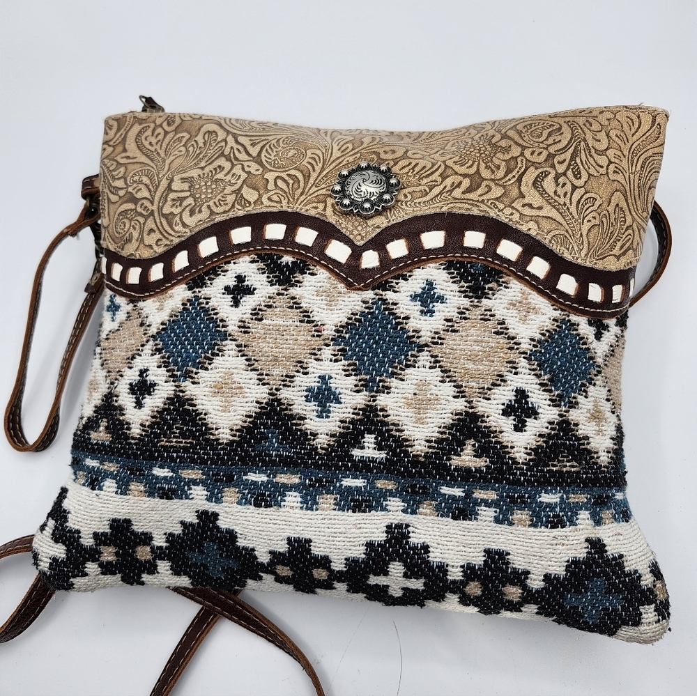 Myra Bag Leather & Cotton Tan and Blue Geometric Crossbody Bag